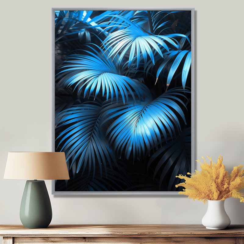 «Blue Palm Trees» par Natures Nuance I - palmiers et palmiers, art mural, Encadrement argenté, H 30 po x l 40 po