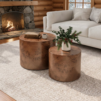 Modern Round Nesting Coffee Table Set of 2 - Wooden Burl Drum Accent Tables for Living Room, Bedroom & Small Spaces, Dark Brown