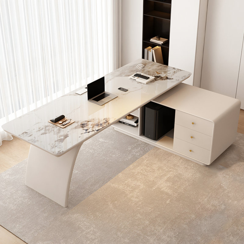 Bureau en L en pierre agglomérée de luxe italien avec armoire de rangement, H 29,53 po x l 70,87 po x P 47,24 po