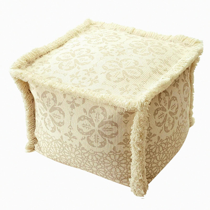 Boho Chic Square Pouf Cover - Stylish Home Decor Ottoman Chair Cover - White - Unstuffed Pouf Slipcover
