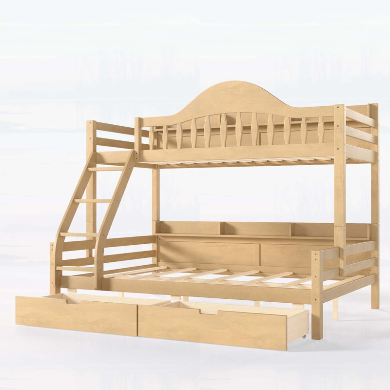 Lit simple superposé au dessus d'un lit double avec rangement, garde-corps courbés et tablettes latérales, structure en bois massif, aucun sommier nécessaire
