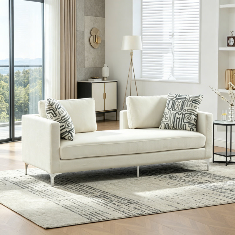 Chaise longue surdimensionnée en chenille avec dossier ouvert, accoudoirs et 4 coussins, Ivory Chenille