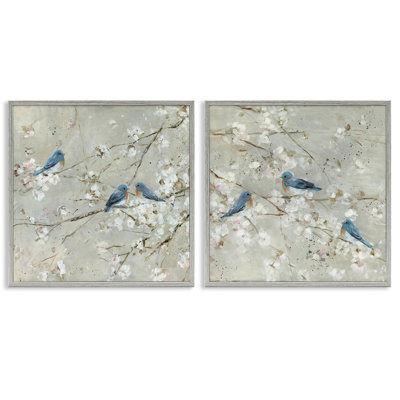 Blue Birds Perched Tree Blossoms Spring Scene 2Pc Farmhouse Rustic Framed Giclee Texturized Art Set By Sally Swatland