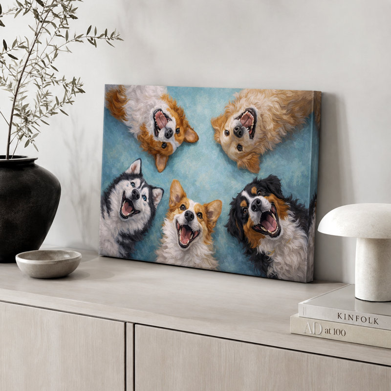Illustration de joyeux groupe de chiens, images de salon, impression sur toile encadrée, H 16 po x l 24 po x P 1,5 po