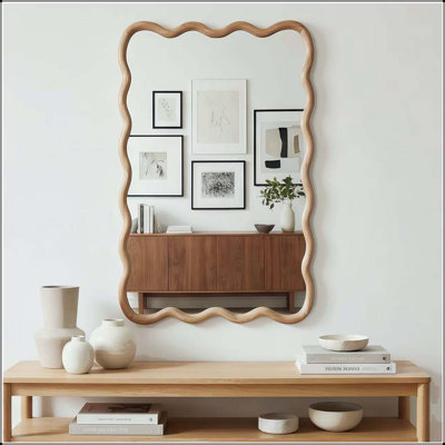 Wavy Rectangle Solid Wood Mirror in Natural Wood (20x30)