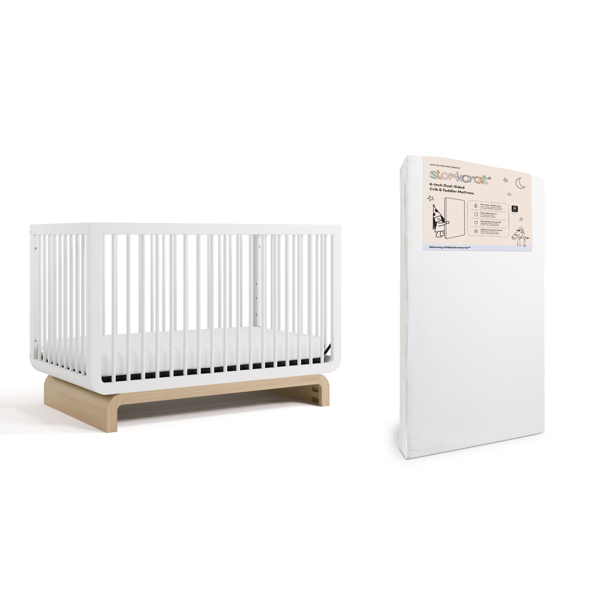 Santorini 5-In-1 Convertible Crib, White/Driftwood, Crib + Mattress