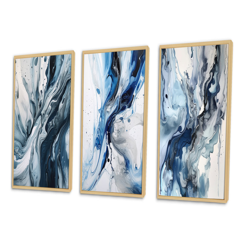 Bleu et gris Elixir éthéré II - ensemble d'art abstrait de 3 pièces, H 40 po x l 60 po, Cadre naturel flottant