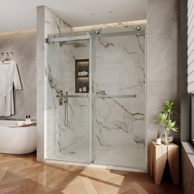 Porte de baignoire coulissante double sans cadre en nickel brossé l 56 po à 61 po x H 60 po Sola avec verre trempé transparent de 3/8 po (10 mm) certifié SGCC, 2 barres à serviettes