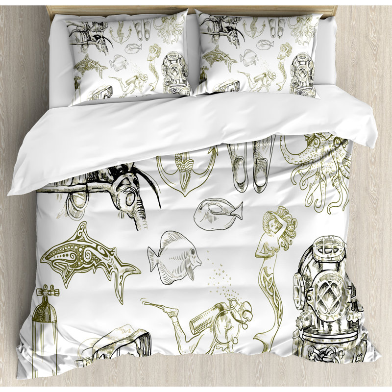 Olive Green and White Marine Life Queen Duvet Set