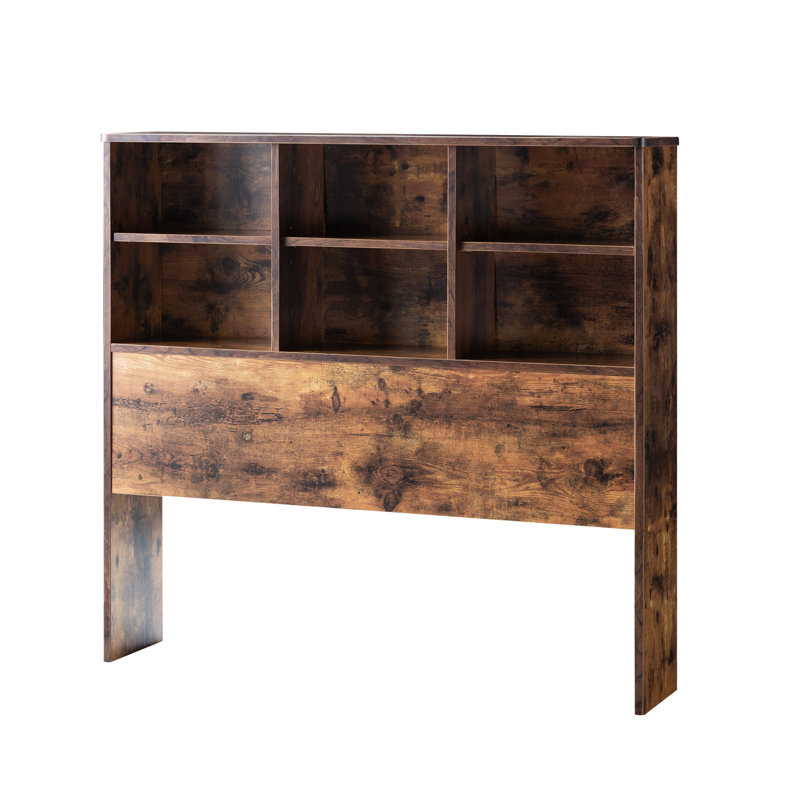 Tête de lit simple à six tablettes avec coins arrondis et tablettes réglables de couleur bois vieilli