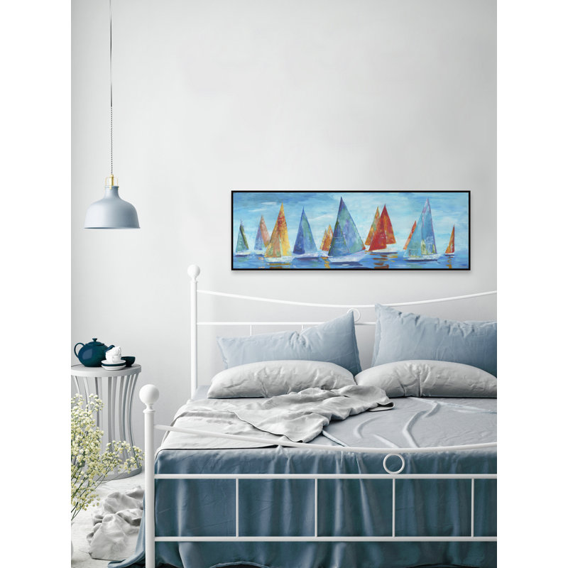 «Colorful Sails» - Peinture panoramique sur toile à cadre flottant, H 20 po x l 60 po