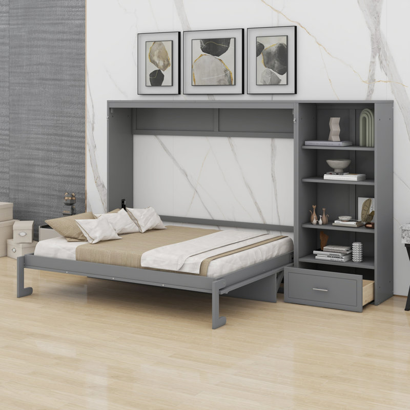 Murphy Bed With Storage Compartments Shelf And Drawer, Grey