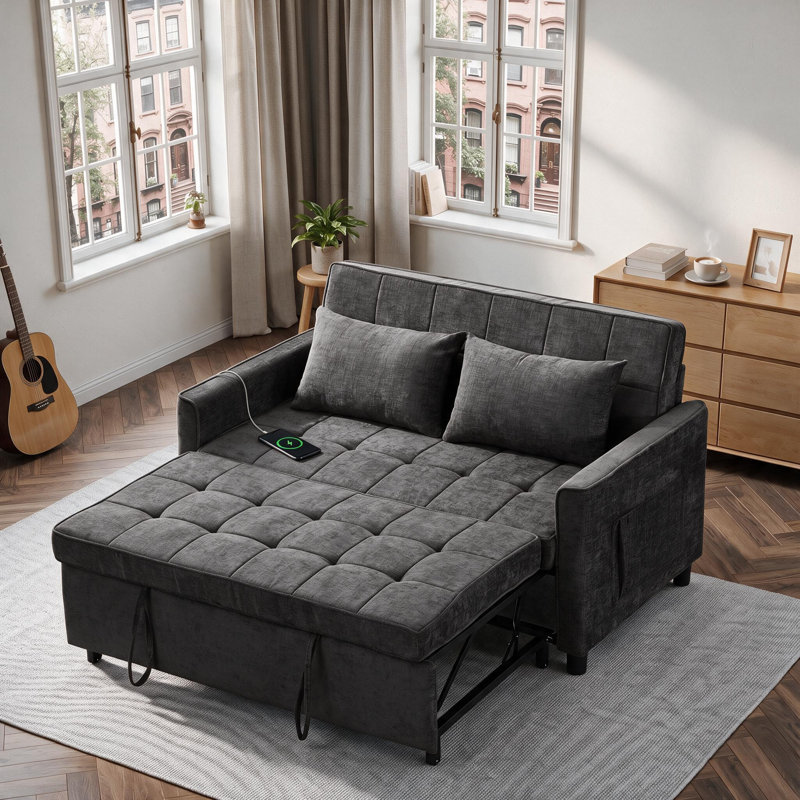 56.9'' Upholstered Convertible Sleeper Sofa with USB and Side Pocket, Gray