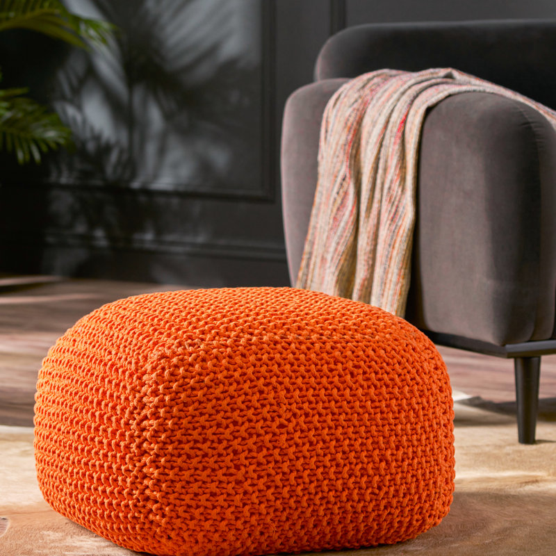 Pouf tricoté en fil de coton orange - 20,13 po x 16,69 po pour le cube de salon 16,69, pièce décorative