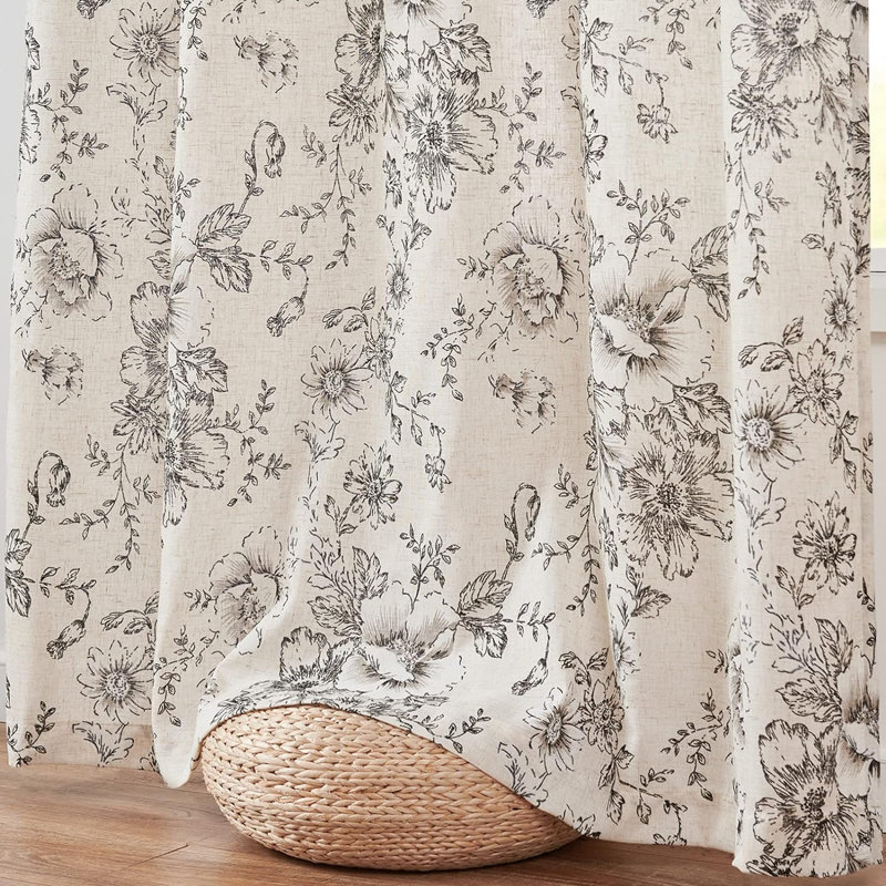 Neacsa Linen Semi Sheer Peony Flower Patterned Rod Pocket Curtain Pair, Brown, 50" W x 96" L