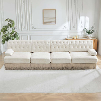 Canapé modulaire en tissu de velours 4 places à boutons capitonnés avec jupe à franges pour les salons, les aires de repos et les chambres à coucher