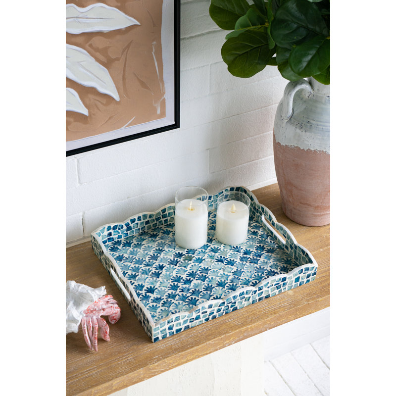 16X13X2" Decorative Rectangle Tray With Blue And White Capiz Design