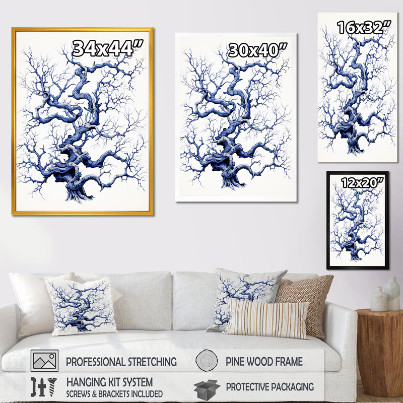 «Windy White and Blue Tree Beauty II», Cadre flottant doré, H 32 po x l 24 po x P 1 po
