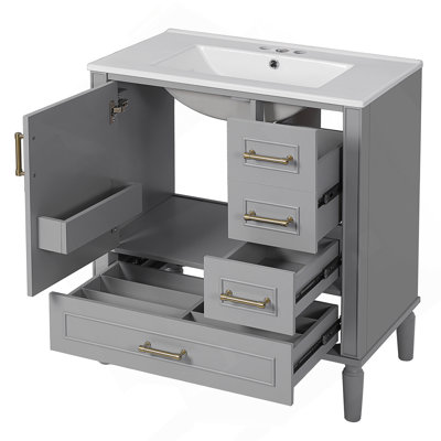 Meuble-lavabo de salle de bain avec lavabo en céramique, porte à fermeture en douceur, tiroirs multiples, tablette intégrée, rangement spacieux, design moderne et fonctionnel