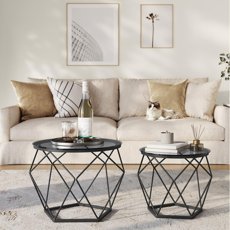 Round Coffee Tables For Living Room, Set Of 2 Side Tables, Different Sized, Modern Style, Removable Tabletop, Steel Frame, Slate Grey And Ink Black