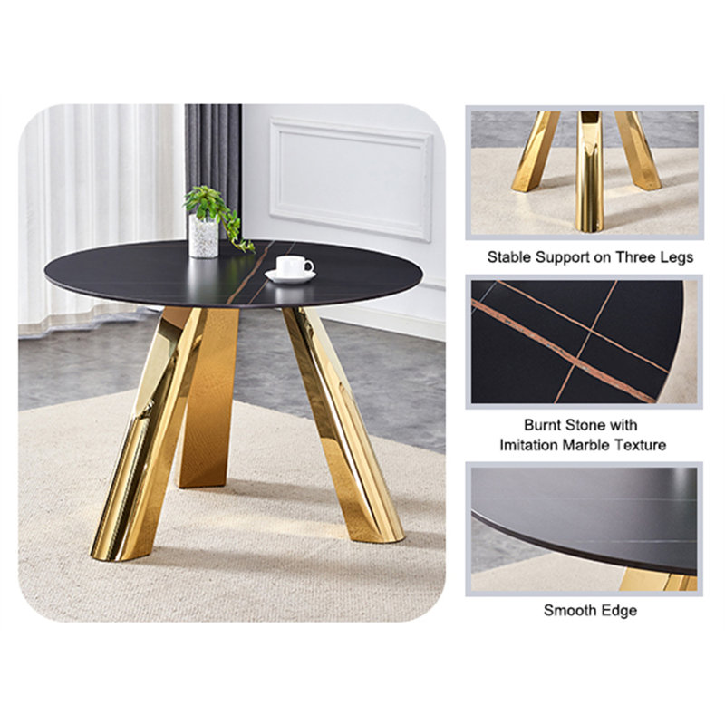 Table luxueuse en pierre frittée de 42 po: plateau durable de 0,45 po + pieds en acier de 6 po, capacité de 350 lb, surface veinée noire résistante aux taches et à la chaleur - Design minimaliste moderne