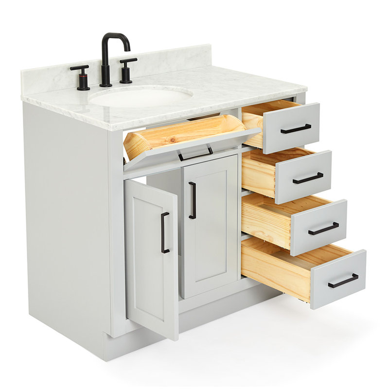 Meuble-lavabo simple Jameal de 36 po en bois massif avec comptoir en marbre de Carrare de 0,75 po et lavabo ovale dÃ©calÃ© Ã  droite