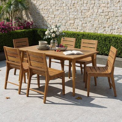 Ensemble de salle à manger d'extérieur en bois d'acacia 7 pièces - Table rectangulaire en teck de 71 po avec 6 chaises à dossier en lattes, dossier ergonomique courbé - sans coussins, meubles de patio en bois massif pour le jardin, la cour et la terrasse - Plateau à lattes à drainage rapide