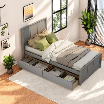 Lits plateforme avec rangement peu encombrants, structure en bois de pin, design gris moderne pour la maison