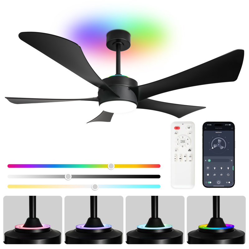 52" Modern Ceiling Fan with LED Light, RGB Color Changing, Remote & APP Control, White/Black, Black