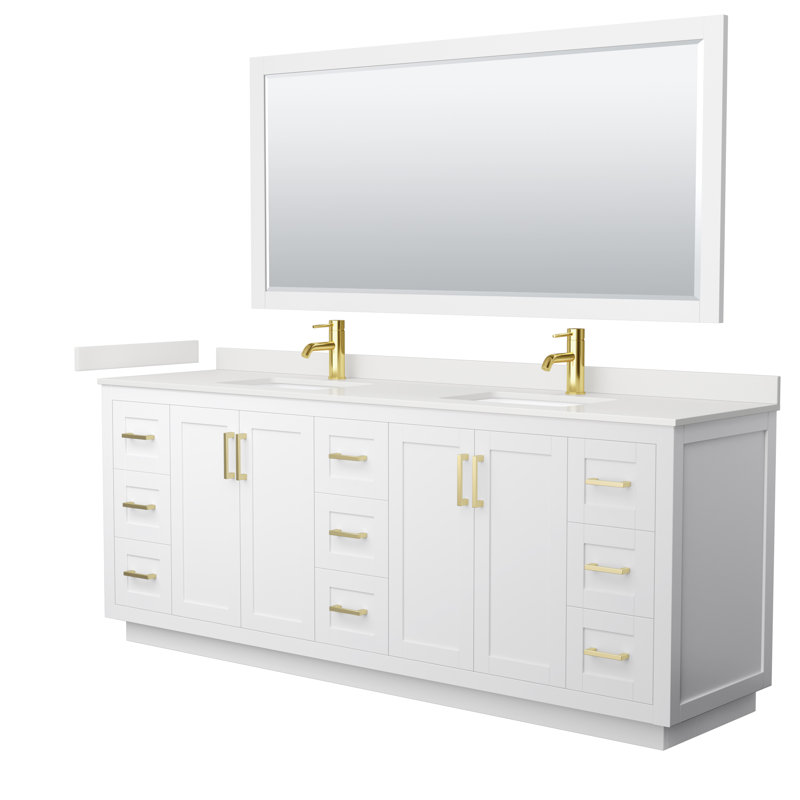 Ensemble de meuble-lavabo double autoportant 84 po avec plateau en quartz Miranda, Quartz blanc, Blanc, Or brossé