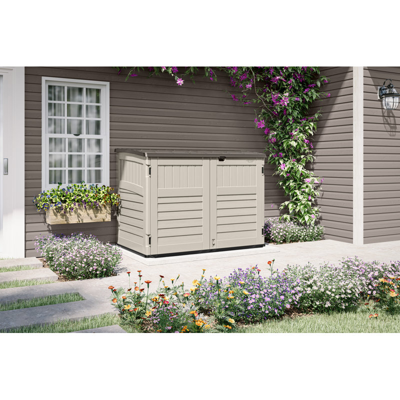Suncast 70.5 in. W x 44.25 in. D Resin Horizontal Storage Shed with Gas-Assisted Lift Lid, Made in the USA, Vanilla