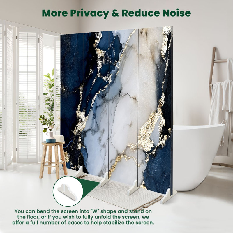 Cloison pliante 4 panneaux paravent à motif abstrait bleu royal et blanc avec accents fluides et toile à encre fluide, 4