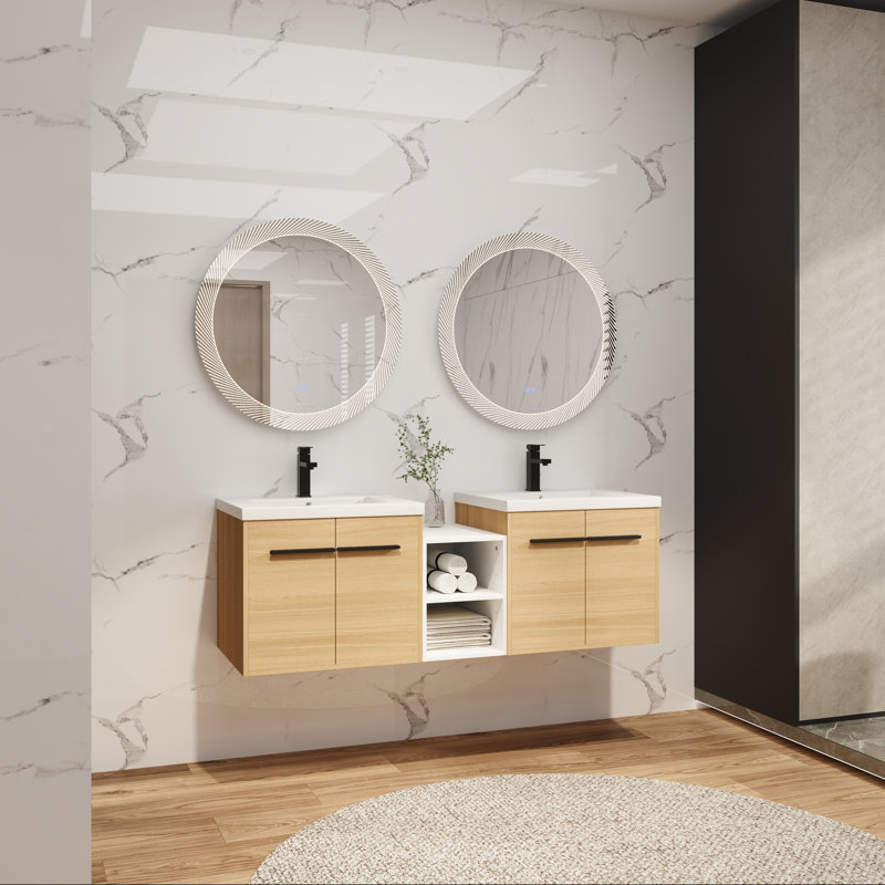 Meuble-lavabo double avec lavabo en résine, tablette ouverte et portes à fermeture en douceur, 24"