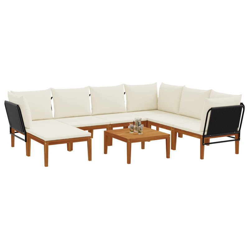  Garden Lounge Set Solid Acacia Wood & Rope Sofa Outdoor Furniture Patio, Cream White, Natural/Black