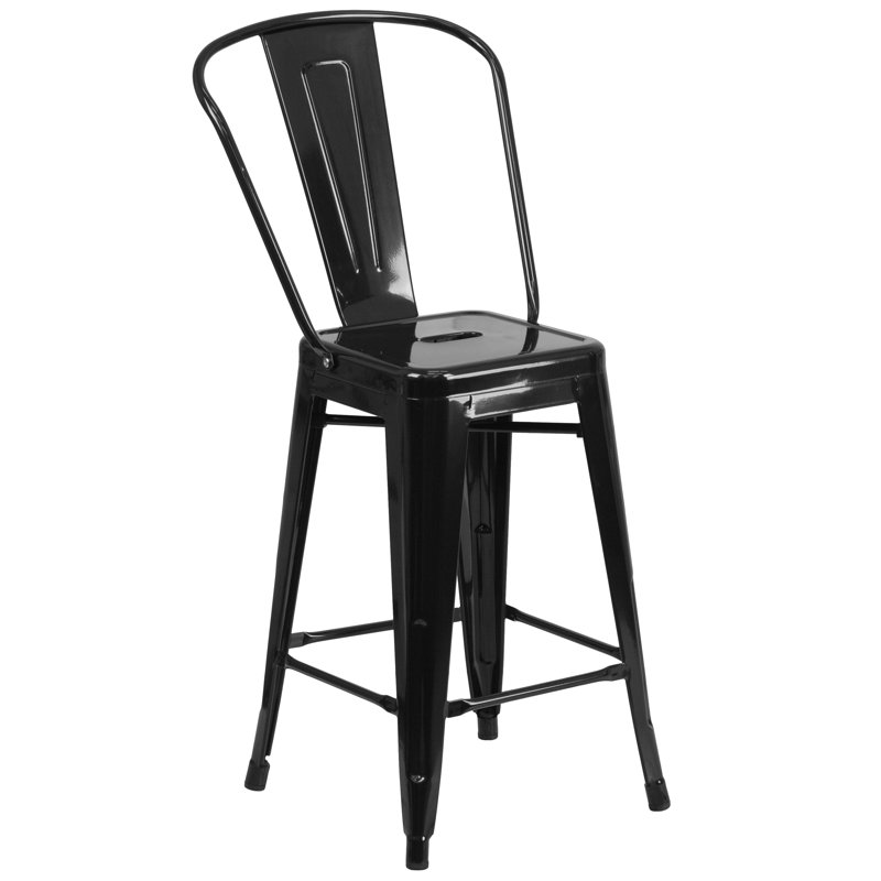 Iddings Metal Indoor-Outdoor Counter Height Stool with Back, Black Faux Leather, 4, Counter Stool (24" Seat Height)
