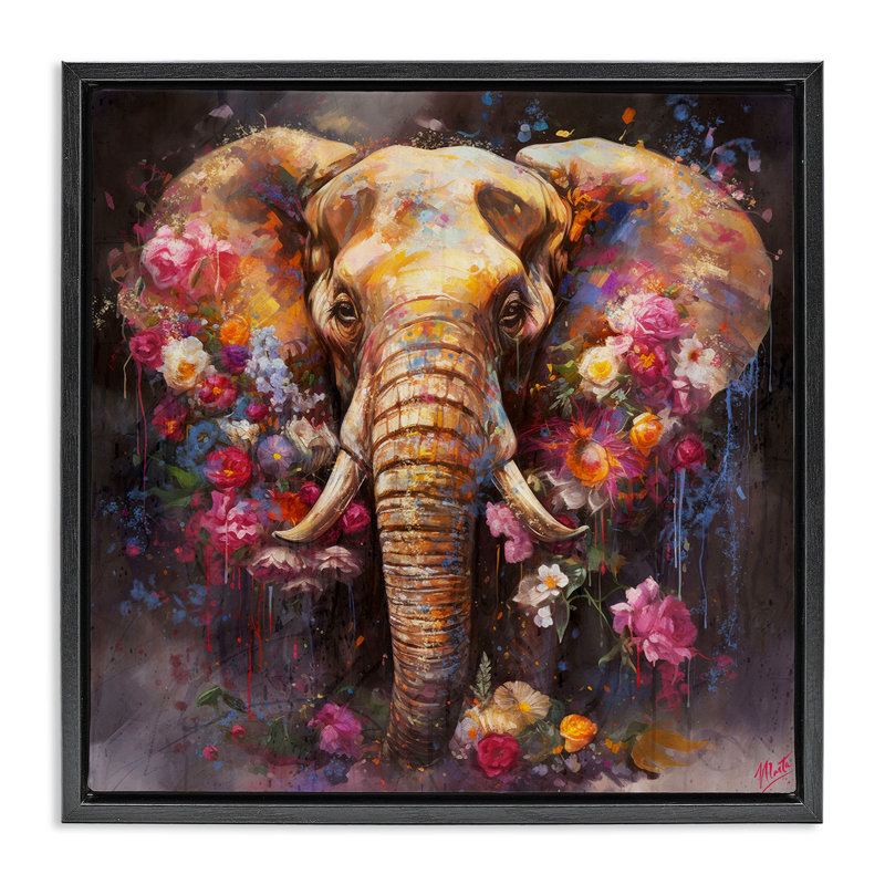 «Flower Swathed Elephant» par Marta Wiley, H 25 po x l 25 po, Cadre flottant noir de jais