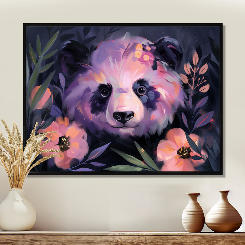 Blanc, mauve, jungle, Blooms II - reproduction d'art mural animal panda, Cadre noir, H 34 po x l 44 po