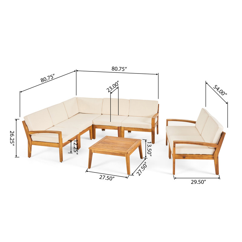 Streetman Acacia 6 - Person Modular Patio Conversation Sets with Cushions, Teak Frame/Beige Cushion