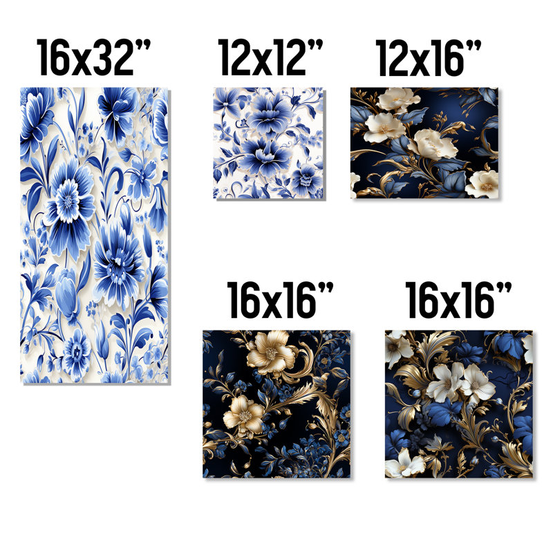 Ensemble de 5 décorations florales victoriennes en filigrane bleu cobalt victorien, Toile tendue