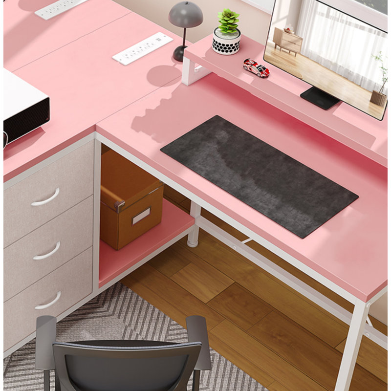 L-shaped Desk With Power Outlets & Led Lights – Pink Computer Desk With Drawers And Shelves For Gaming And Home Office