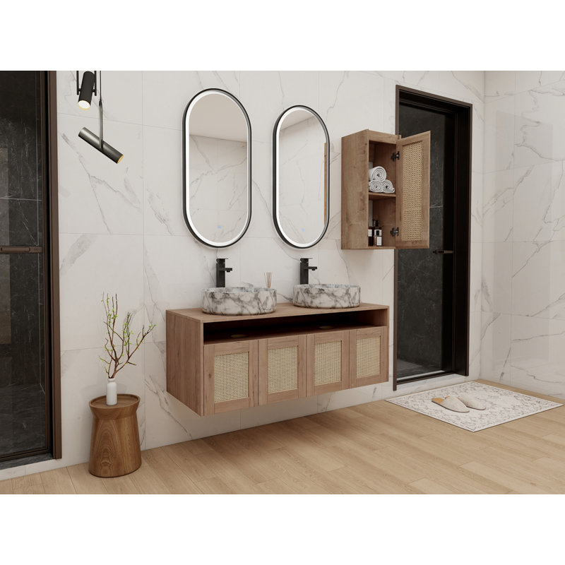 Meuble-lavabo 48 po avec lavabo d'art 2 en céramique et armoire latérale, 4 portes à fermeture douce, montage flottant, contreplaqué (emballage KD)