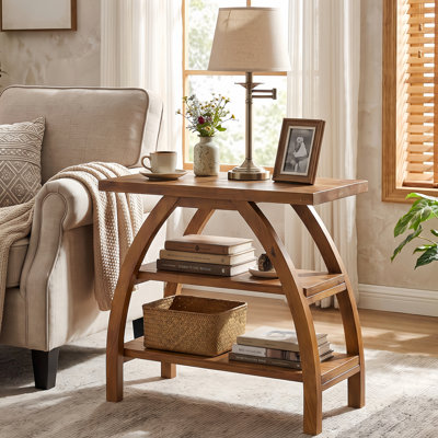 Table d'appoint en bois massif de 23,62 po avec pieds arqués, table de bout rustique étroite avec rangement à 3 niveaux, petite table d'appoint de style campagnard pour le salon et les petits espaces
