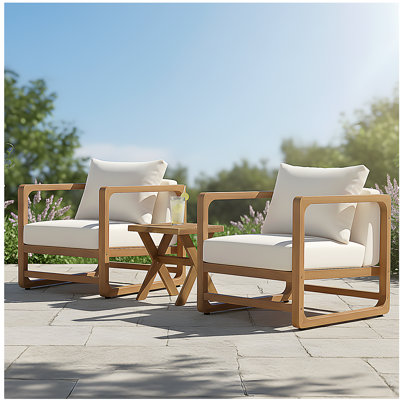 Set of 2 Acacia Wood Loungers with PE Rattan & Sandblast Cross Base Side Table Set