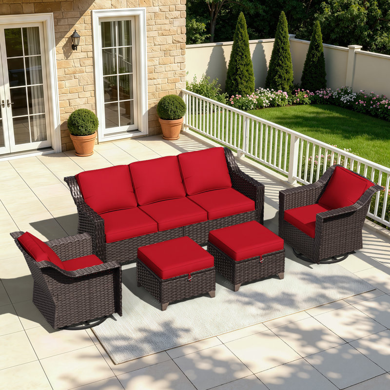 5-Piece Wicker Outdoor Conversation Set – Swivel Chairs & Storage Ottomans for Patio, Red