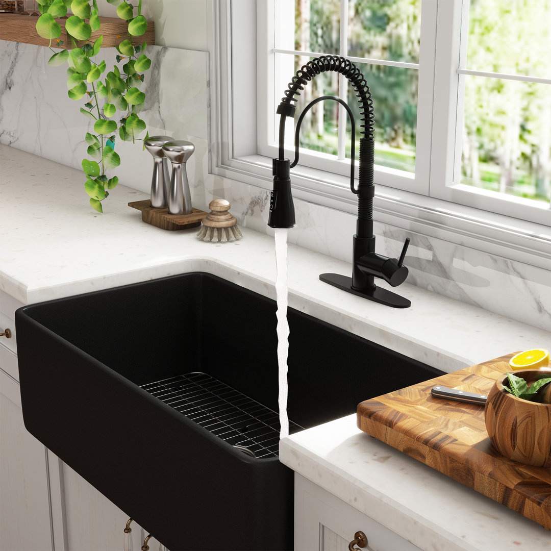 CASAINC Single Bowl Black Fireclay Farmhouse Kitchen Sink With Faucet Included CASAINC Faucet 
