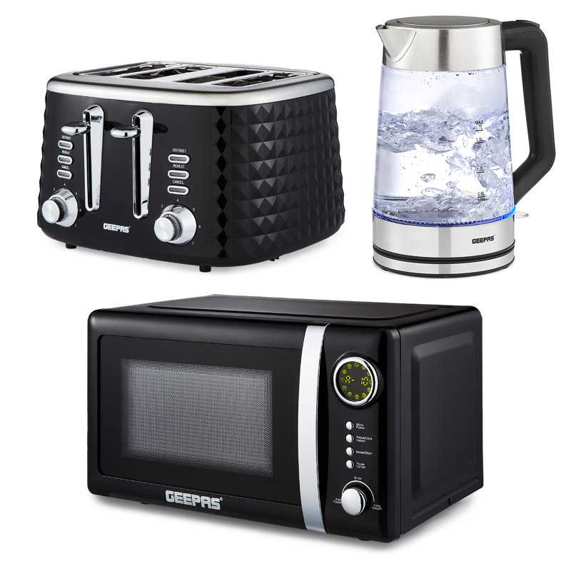 GEEPAS Electric Kettle 4 Slice Bread Toaster & Microwave Kitchen Set