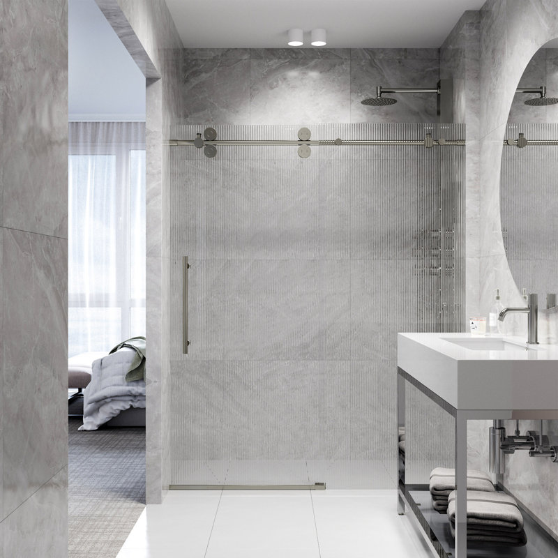 Elan 68-72" W x 74" H Sliding Frameless Shower Door with 3/8" Fluted Glass, Stainless Steel