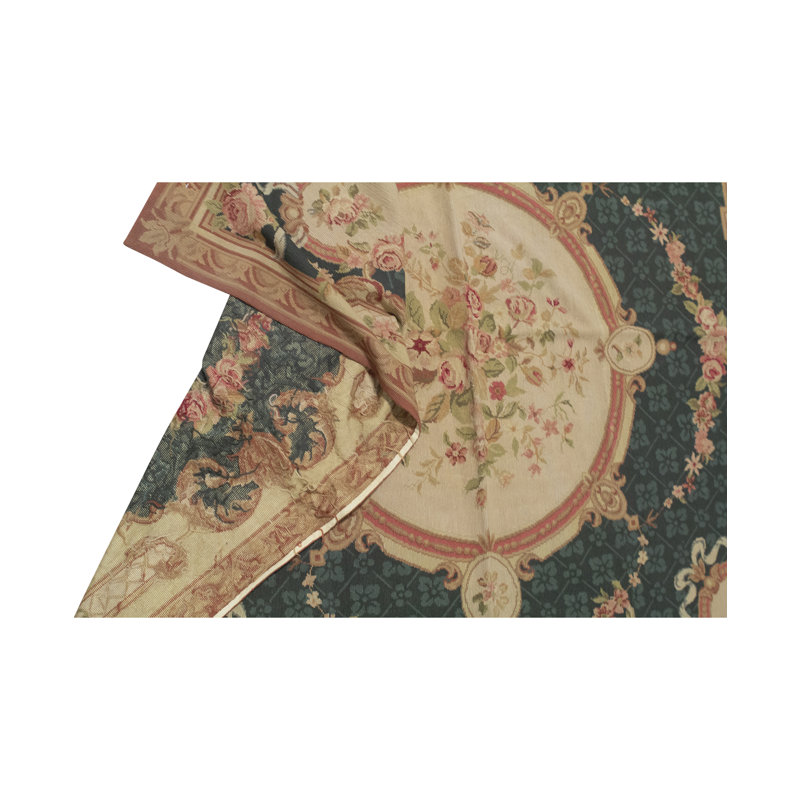 Tapis carré vert, beige et brun noué à la main de haute qualité