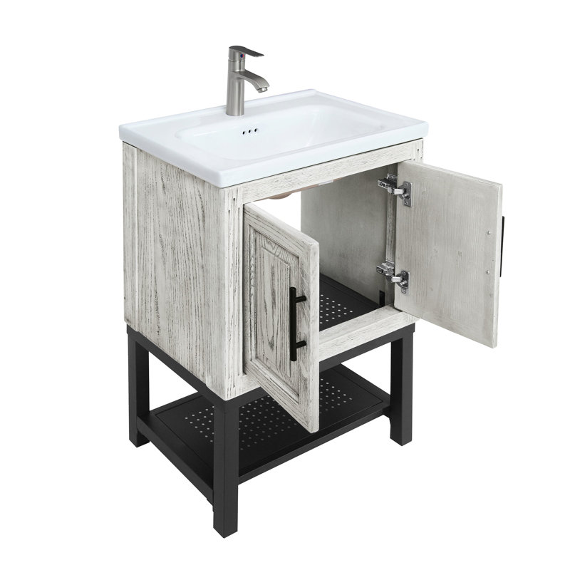 Meuble-lavabo de 24 po avec lavabo en céramique blanc lisse, robinet à un trou et 2 portes pour améliorer l'utilité