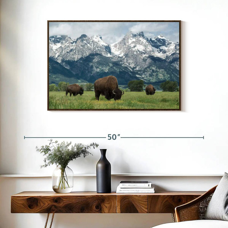 Bison Teton broutant, 37 po x 25 po, Cadre flottant noyer